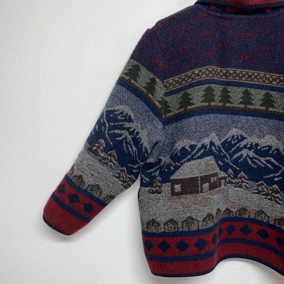 Vintage Cottagecore Jacket Unisex XL Blue Winter Mountains Cabin Wool Cardigan - Picture 7 of 9